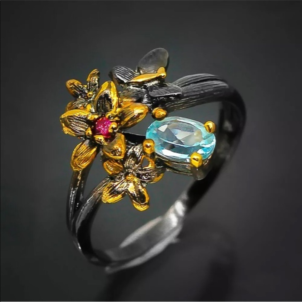 Nature inspired sterling silver & topaz ring 9 artisan crafted
